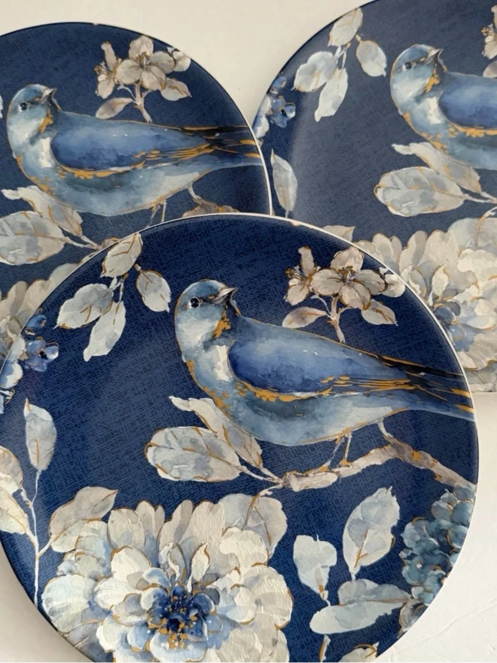 INDIGOLD Set of 3 Blue Bird Floral Plates 9” Gold Details